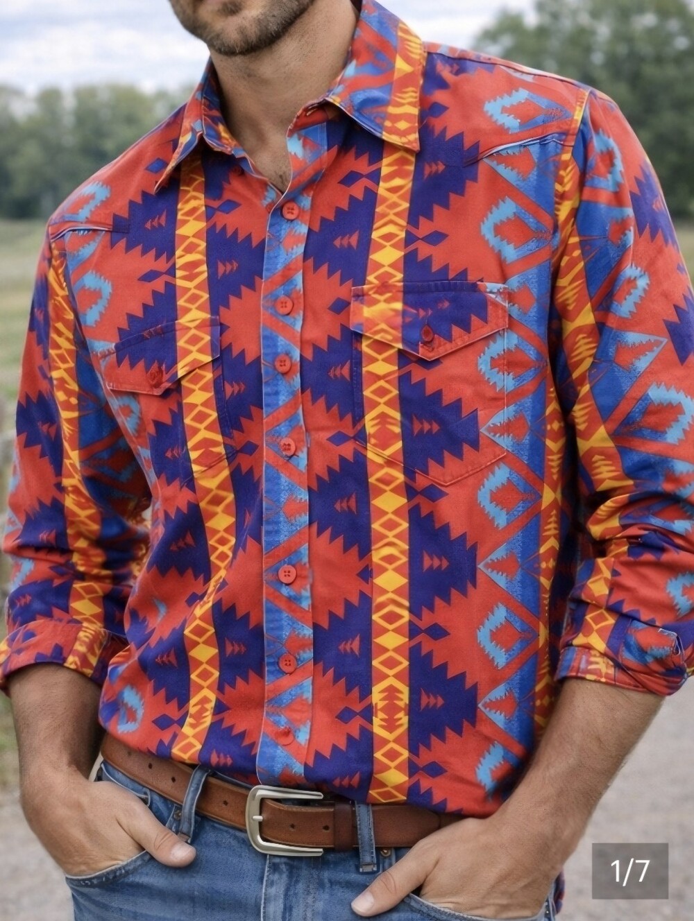 Wrangler Vintage Southwestern Aztec Print Button-Up Shirt L Bold Western Retro